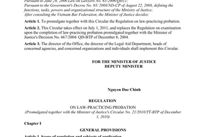 Circular No. 21/2010/TT-BTP promulgating the regulation on law-practicing