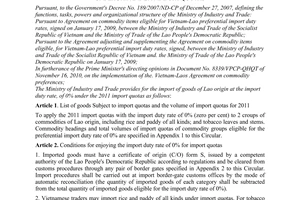 Circular No. 38/2010/TT-BCT on the import of goods of Lao origin at the import
