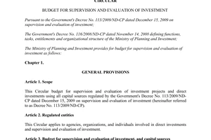Circular No. 22/2010/TT-BKH budget for supervision and evaluation of investment