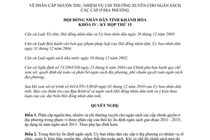 Nghị quyết 12/2010/NQ-HĐND phân cấp nguồn thu nhiệm vụ chi thường xuyên cho ngân sách Khánh Hòa