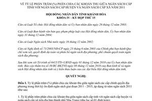 Nghị quyết 13/2010/NQ-HĐND phần trăm phân chia các khoản thu giữa ngân sách các cấp 2011 Khánh Hòa