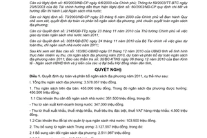 Nghị quyết 208/2010/NQ-HĐND dự toán và phân bổ ngân sách địa phương Điện Biên 2011