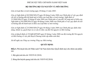 Quyết định 2322/QĐ-BTNMT phê duyệt tiêu chí Nhãn xanh Việt Nam