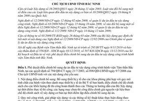 Quyết định 1773/QĐ-UBND phê duyệt điều chỉnh bổ sung dự án đầu tư bệnh viện Tâm thần Bắc Ninh 2010