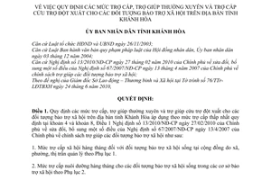 Quyết định 41/2010/QĐ-UBND mức trợ cấp, trợ giúp thường xuyên