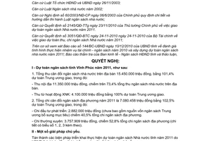 Nghị quyết 26/2010/NQ-HĐND dự toán ngân sách tỉnh Vĩnh Phúc năm 2011