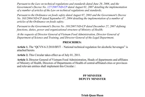 Circular 45/2010/TT-BYT promulgation national technical regulation alcoholic beverages