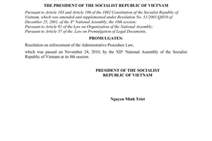 Order No. 23/2010/L-CTN  on the promulgation of national assembly resolution