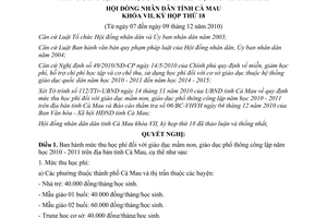 Nghị quyết 21/2010/NQ-HĐND mức thu học phí mầm non phổ thông công lập Cà Mau