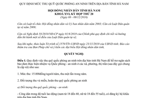 Nghị quyết 30/2010/NQ-HĐND thu quản lý quỹ quốc phòng an ninh Hà Nam