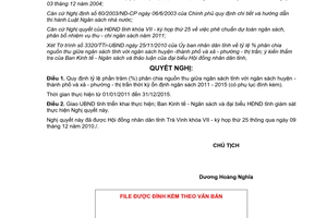 Nghị quyết 06/2010/NQ-HĐND tỷ lệ phân chia nguồn thu ngân sách Trà Vinh