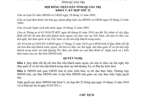 Nghị quyết 22/2010/NQ-HĐND quy định chế độ chi tiêu đón tiếp khách nước ngoài