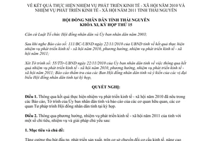 Nghị quyết 22/2010/NQ-HĐND kết quả phát triển kinh tế xã hội 2010 và nhiệm vụ 2011 Thái Nguyên