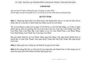 Nghị quyết 65/NQ-CP thành lập thành phố Cam Ranh thuộc tỉnh Khánh Hòa