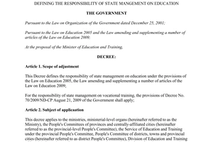 Decree No. 115/2010/ND-CP defining the responsibility of state mangement on education
