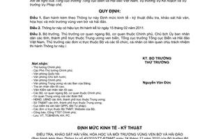 Thông tư 40/2010/TT-BTNMT Định mức kinh tế  kỹ thuật điều tra, khảo sát