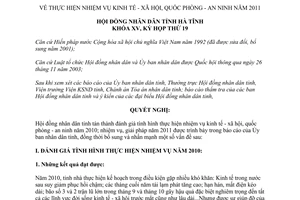 Nghị quyết 134/2010/NQ-HĐND thực hiện nhiệm vụ kinh tế xã hội quốc phòng an ninh 2011 Hà Tĩnh