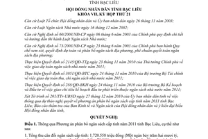 Nghị quyết 32/2011/NQ-HĐND thông qua Phương án phân bổ ngân sách cấp tỉnh năm 2011 Bạc Liêu