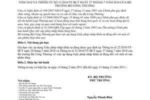 Thông tư 42/2010/TT-BCT gia hạn áp dụng Giấy phép nhập khẩu tự động