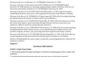 Circular No. 47/2010/TT-BYT guiding the export, import of medicines and packagin