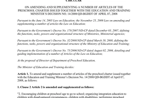 Circular No. 44/2010/TT-BGDDT amending the preschool charter issued Decision No. 14/2008/QD-BDGDT