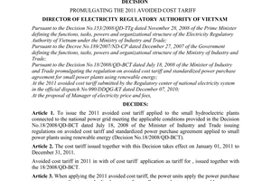 Decision No. 66/QD-DTDL promulgating the 2011 avoided cost tariff