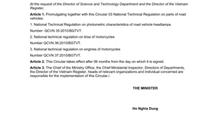 Circular No. 39/2010/TT-BGTVT National Technical Regulation on parts of road vehicles