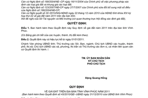 Quyết định 43/2010/QĐ-UBND giá đất năm 2011 trên địa bàn tỉnh Vĩnh Phúc