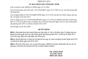 Quyết định 154/2010/QĐ-UBND tỷ lệ phần trăm phân chia khoản thu ngân sách Bắc Ninh