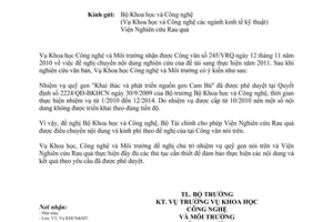 Công văn 6551/BNN-KHCN chuyển nội dung và kinh phí thực hiện sang năm 2011