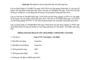 Công văn 6785/BNN-KH thông báo kế hoạch vốn trái phiếu Chính phủ năm 2010, Dự án