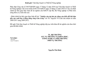 Công văn 7180/BNN-KHCN đính chính thời gian thực hiện đề tài nghiên cứu khoa học