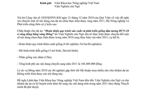 Công văn 7211/BNN-KHCN  chuyển dự án chưa thực hiện sang năm 2011