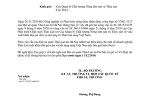 Công văn 6528/BNN-HTQT nhập khẩu thịt gia cầm ngũ tạng từ Thái Lan