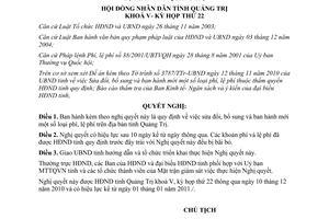 Nghị quyết 24/2010/NQ-HĐND sửa đổi phí lệ phí trên địa bàn tỉnh Quảng Trị