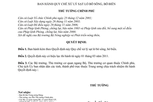 Quyết định số 01/2011/QĐ-TTg Quy chế xử lý sạt lở bờ sông, bờ biển