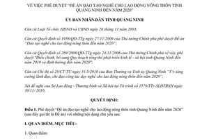 Quyết định số 24/QĐ-UBND 2011 phê duyệt Đề án Đào tạo nghề lao động nông thôn Quảng Ninh đến 2020