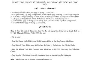 Quyết định 43/QĐ-TTg  thay đổi thành viên Ban Chỉ đạo xây dựng Nhà Quốc hội