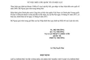 Thông báo hiệu lực Hiệp định khuyến khích và bảo hộ đầu tư lẫn nhau giữa