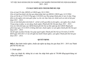 Quyết định 01/2011/QĐ-UBND  chuẩn nghèo, cận nghèo thành phố Hà Nội