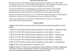 Circular 01/2011/TT-BYT promulgation national technical regulations food additive
