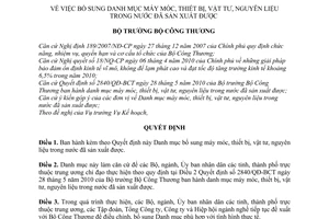 Quyết định 0283/QĐ-BCT bổ sung Danh mục máy móc, thiết bị, vật tư