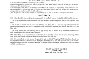 Quyết định 02/2011/QĐ-UBND  thời gian mở, đóng cửa hàng ngày đại lý Internet