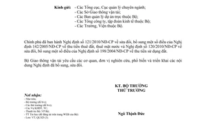 Công văn 384/BGTVT-QLXD thực hiện sửa đổi Nghị định 142/2005/NĐ-CP