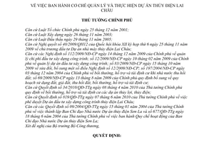 Quyết định 188/QĐ-TTg  Cơ chế quản lý và thực hiện Dự án thủy điện Lai châu