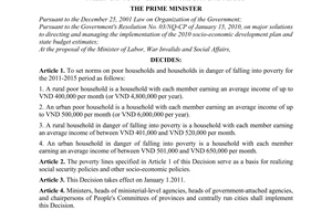 Decision No. 09/2011/QD-TTg  setting norms on poor households and households in