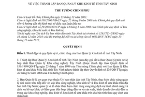 Quyết định 200/QĐ-TTg thành lập Ban Quản lý Khu kinh tế tỉnh Tây Ninh