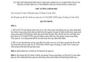 Quyết định 213/QĐ-TTg hỗ trợ kinh phí thực hiện Quy định 3115-QĐ/VPTW