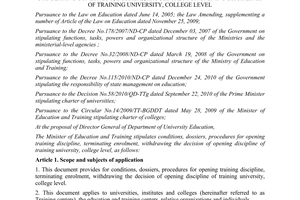 Circular No. 08/2011/TT-BGDDT stipulating conditions, dossiers, procedures
