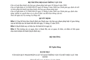 Quyết định 309/QĐ-BGTVT công bố Danh mục văn bản quy phạm pháp luật